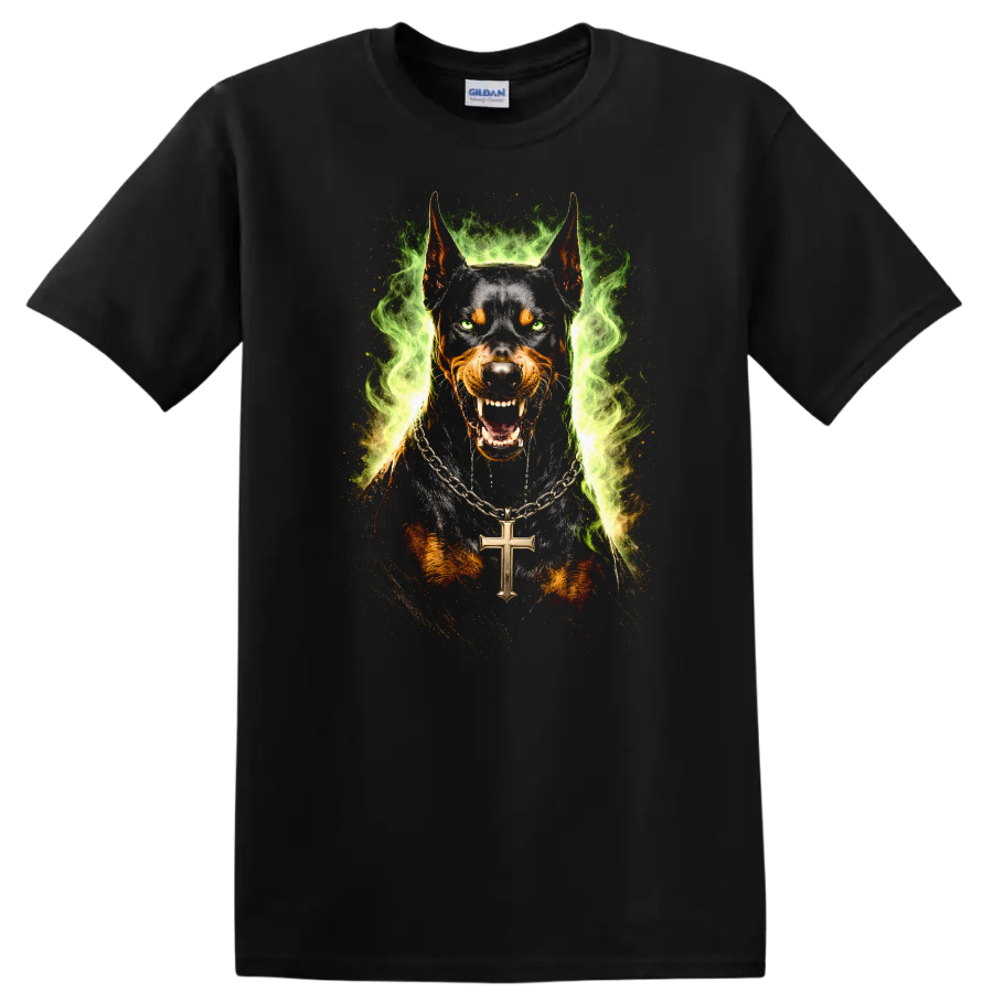 Wild Doberman Dog Portrait Flame Ring T Shirt for Animal Lovers - Black