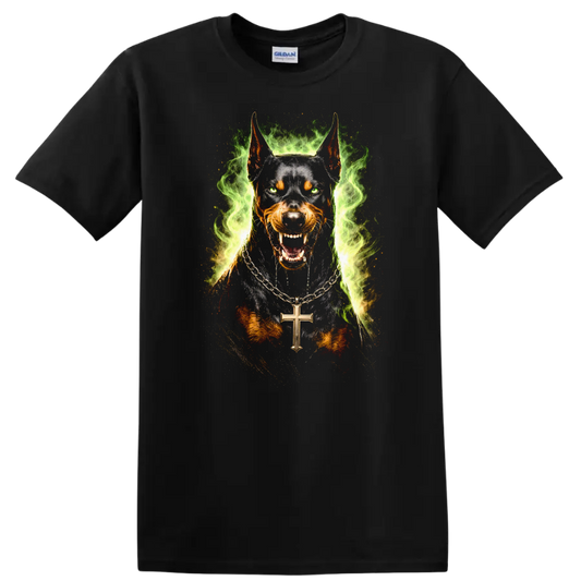 Wild Doberman Dog Portrait Flame Ring T Shirt for Animal Lovers - Black