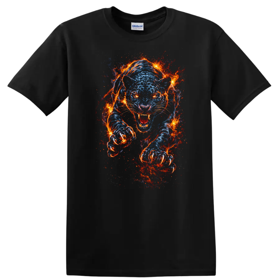 Blue Flaming Panther Attack T Shirt Fierce Fire Animal Graphic - Black