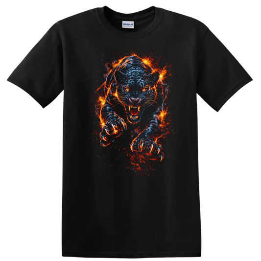 Blue Flaming Panther Attack T Shirt Fierce Fire Animal Graphic - Black