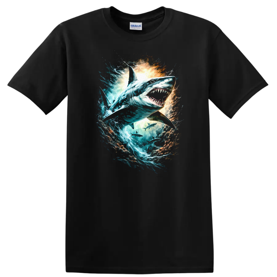 Great White Shark Splash Art Ocean Predator T Shirt - Black