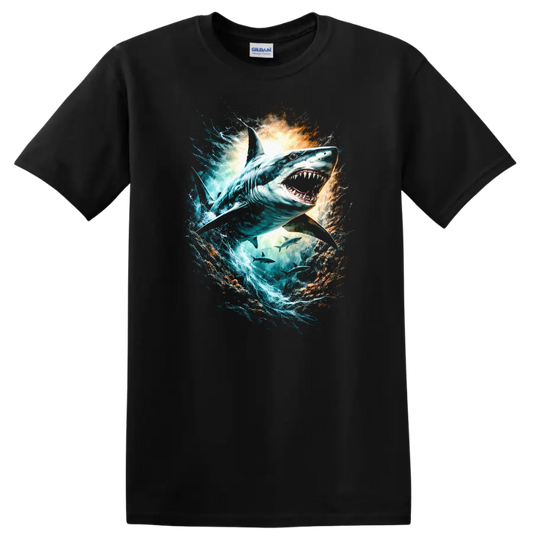 Great White Shark Splash Art Ocean Predator T Shirt - Black