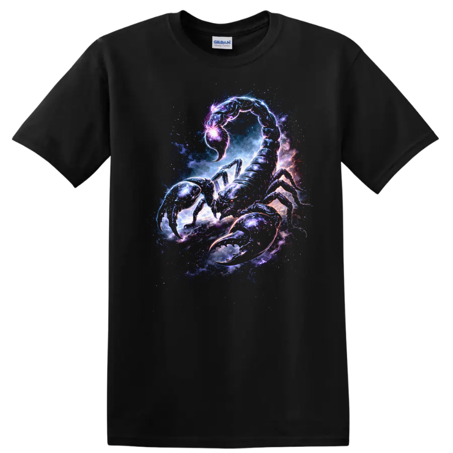 Cosmic Scorpion Galaxy Art T Shirt Neon Space Animal Graphic - Black