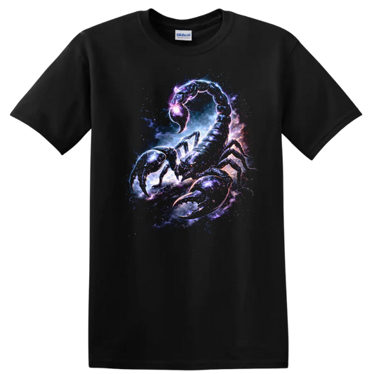 Cosmic Scorpion Galaxy Art T Shirt Neon Space Animal Graphic - Black