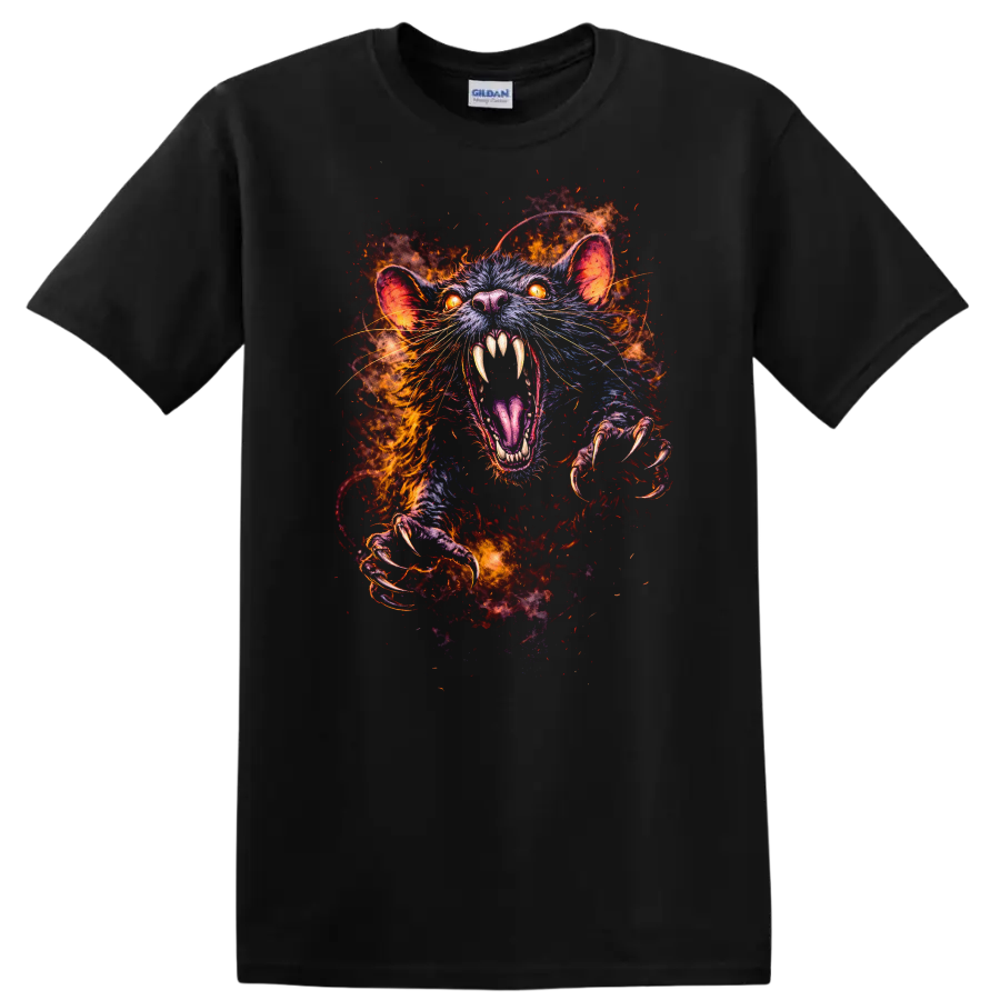 Fiery Glowing Rat Attack T Shirt Vivid Animal Rage Graphic Tee - Black