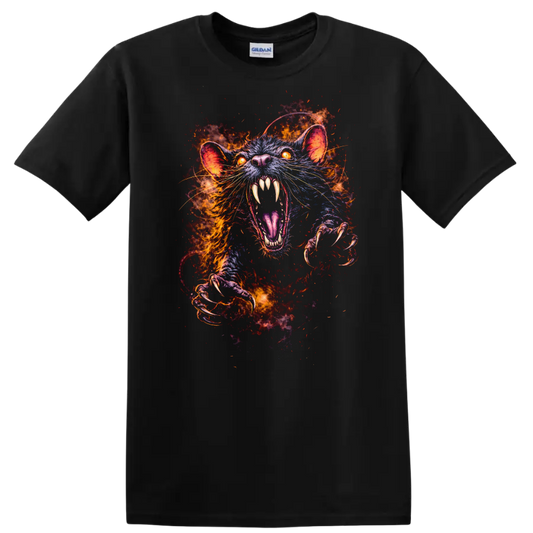 Fiery Glowing Rat Attack T Shirt Vivid Animal Rage Graphic Tee - Black