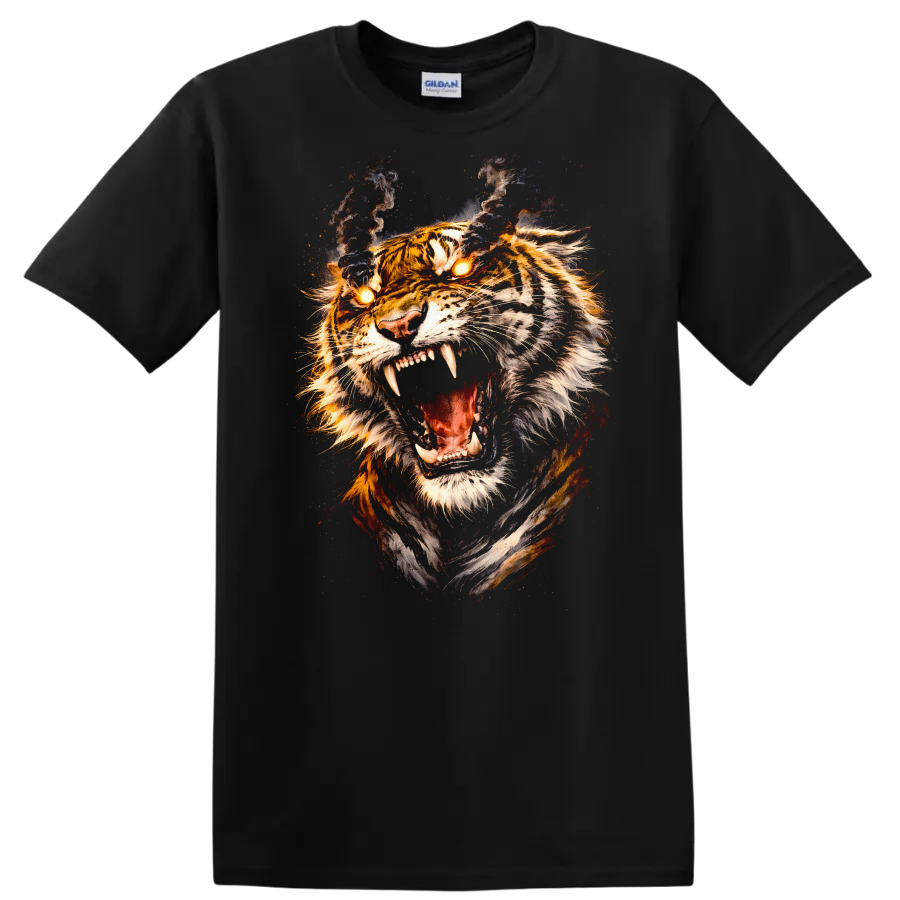 Roaring Tiger Fire Eyes Fierce Animal Art T Shirt - Black