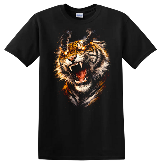 Roaring Tiger Fire Eyes Fierce Animal Art T Shirt - Black