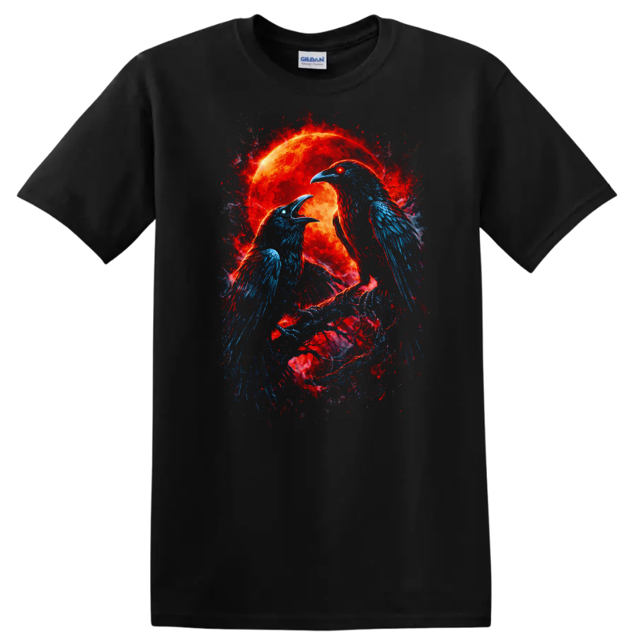 Fiery Raven Birds Eclipse Moon Graphic T Shirt Animal Energy Design - Black
