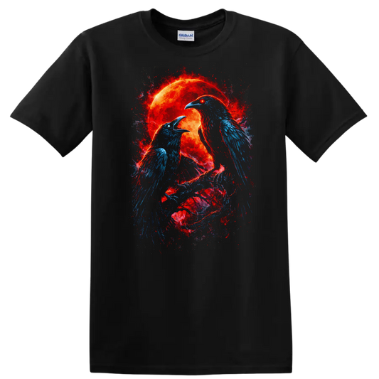 Fiery Raven Birds Eclipse Moon Graphic T Shirt Animal Energy Design - Black