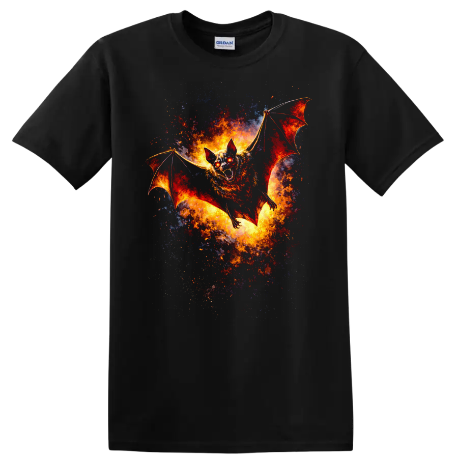 Fiery Bat in Flight Animal Art T Shirt for Fantasy Fans - Black
