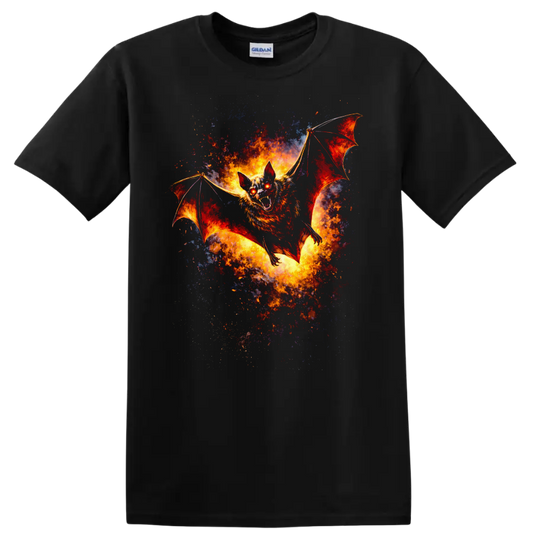 Fiery Bat in Flight Animal Art T Shirt for Fantasy Fans - Black