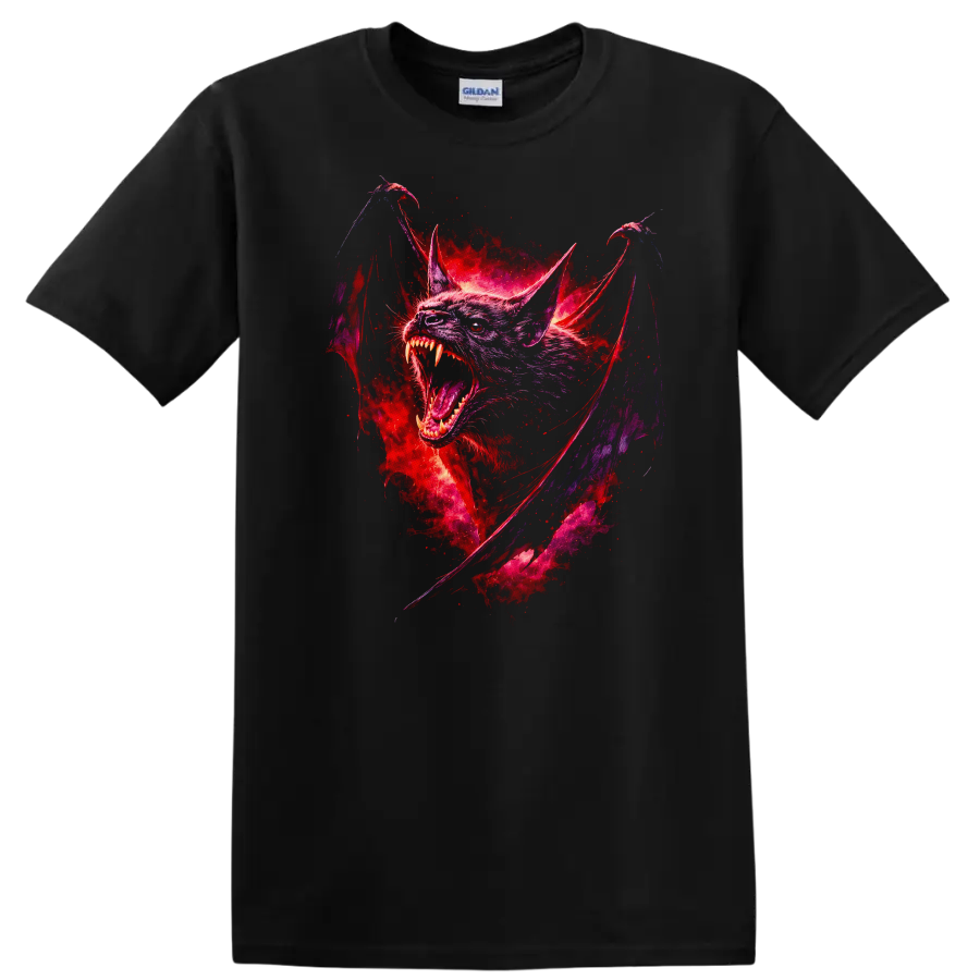 Fierce Neon Bat Animal Art Graphic T Shirt for Gothic Wildlife Fans - Black