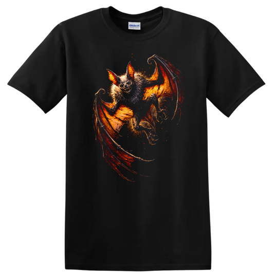 Fiery Winged Bat Animal Art T Shirt - Black