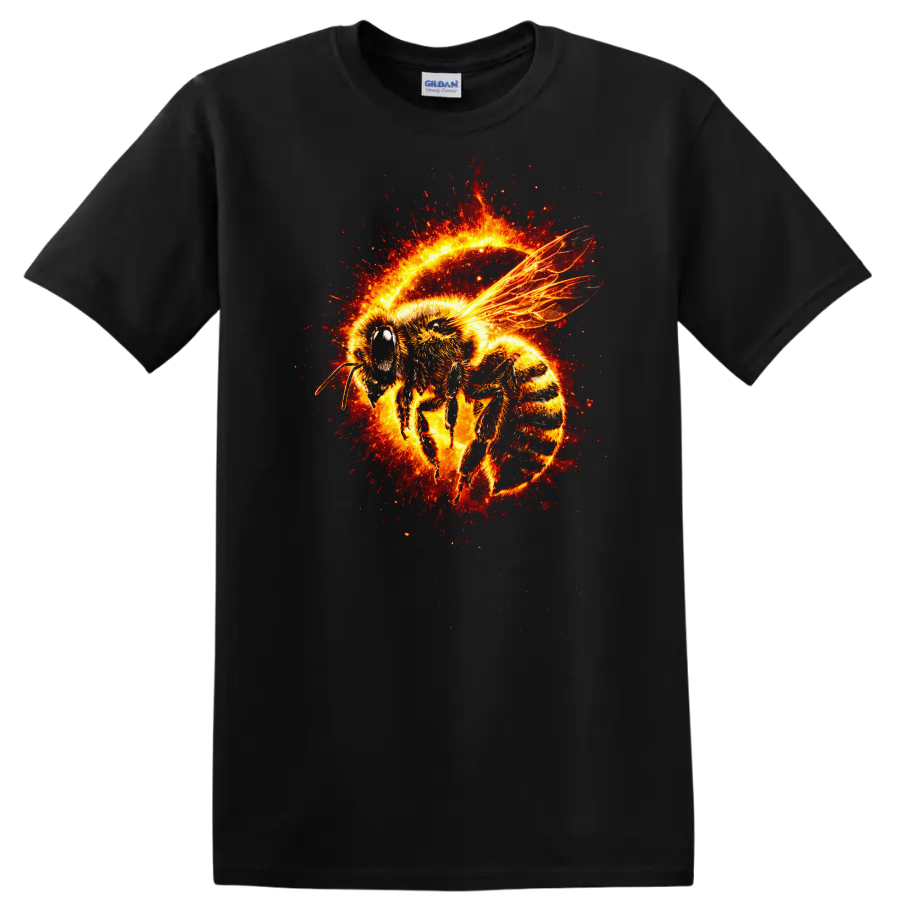 Fiery Bee Splash Art Animals T Shirt Vibrant Glow Graphic - Black