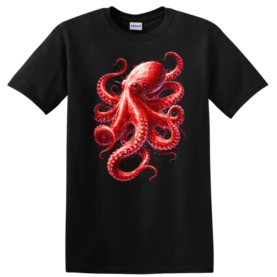 Red Octopus Animal Art Graphic T Shirt for Nature and Ocean Lovers - Black