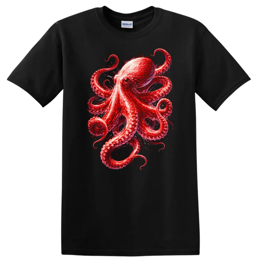 Red Octopus Animal Art Graphic T Shirt for Nature and Ocean Lovers - Black