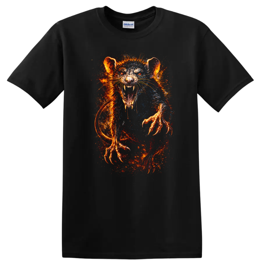 Fiery Rat Monster Art T Shirt Glowing Rage Creature Animal Graphic - Black