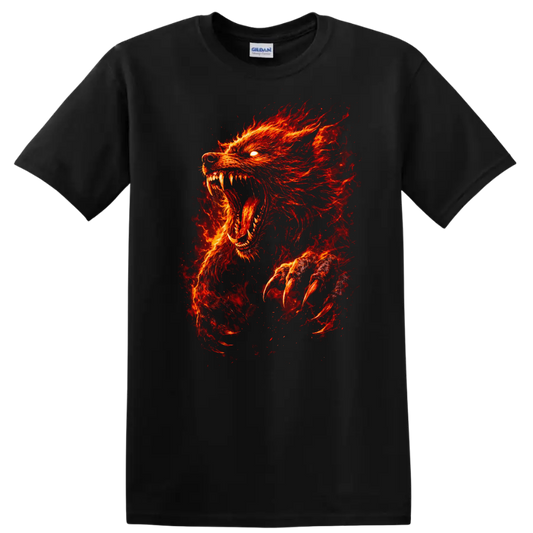 Fiery Red Wolf Head Howling Animal Graphic T Shirt - Black