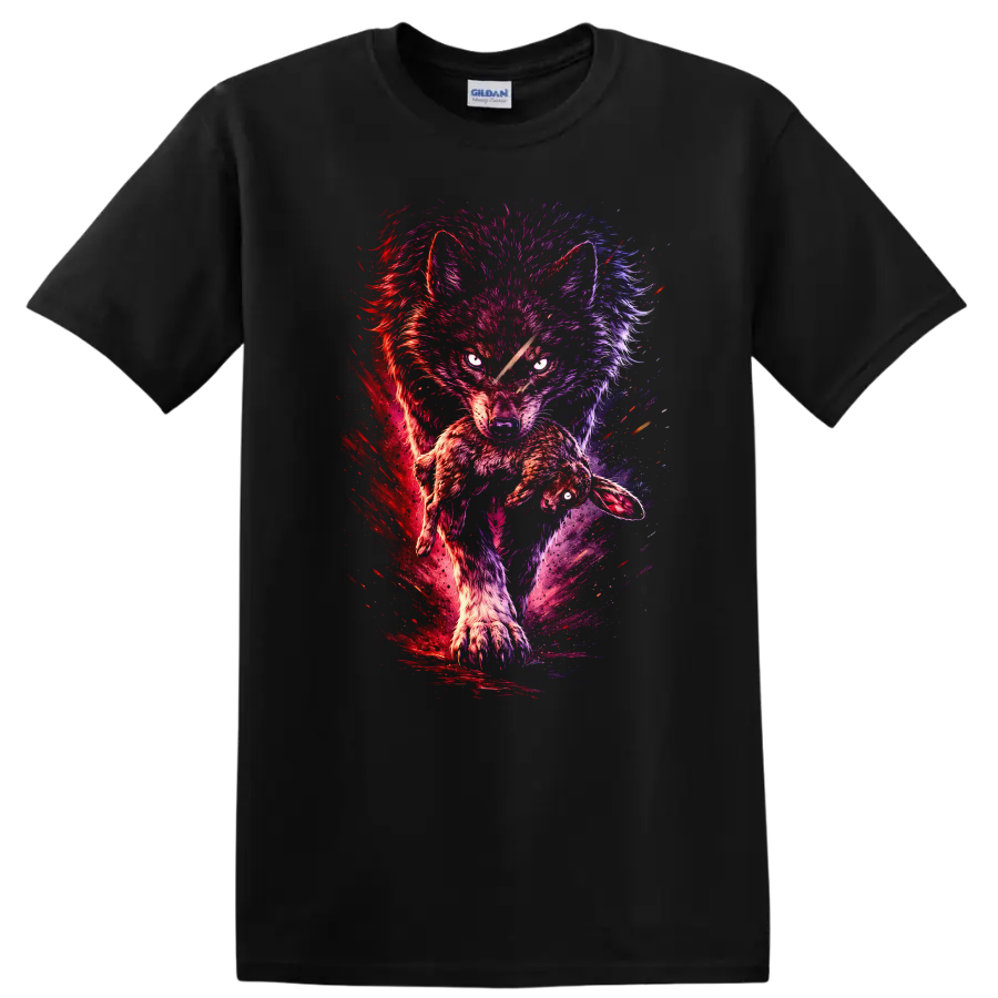 Neon Wolf and Rabbit Splash Art Animals T Shirt - Black