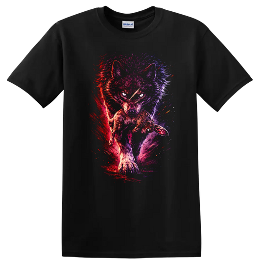 Neon Wolf and Rabbit Splash Art Animals T Shirt - Black