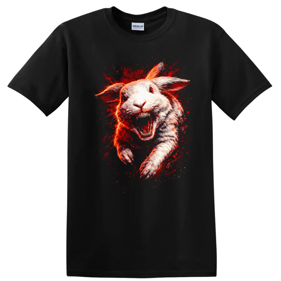 Raging White Rabbit Explosion Graphic T Shirt Fierce Animal Art - Black