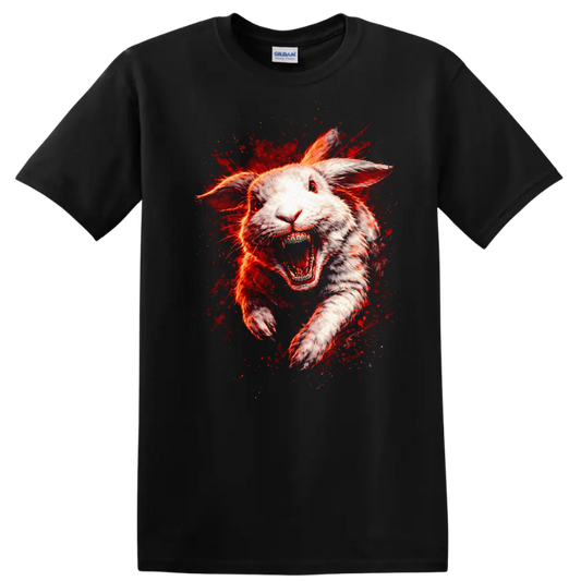 Raging White Rabbit Explosion Graphic T Shirt Fierce Animal Art - Black
