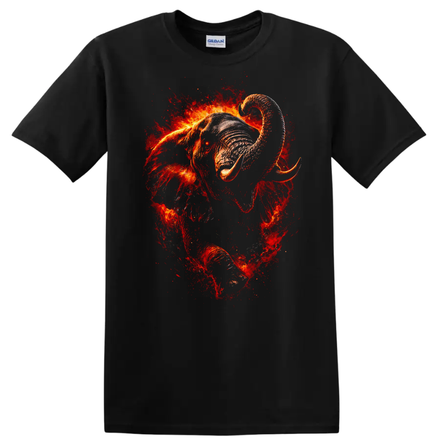 Fiery Elephant Art T Shirt Bold Wildlife Animal Graphic Tee - Black