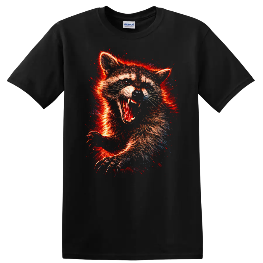 Fiery Fox Raccoon Animal Art T Shirt Wild Red Neon Graphic - Black