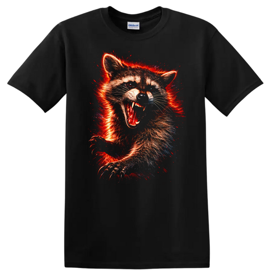 Fiery Fox Raccoon Animal Art T Shirt Wild Red Neon Graphic - Black