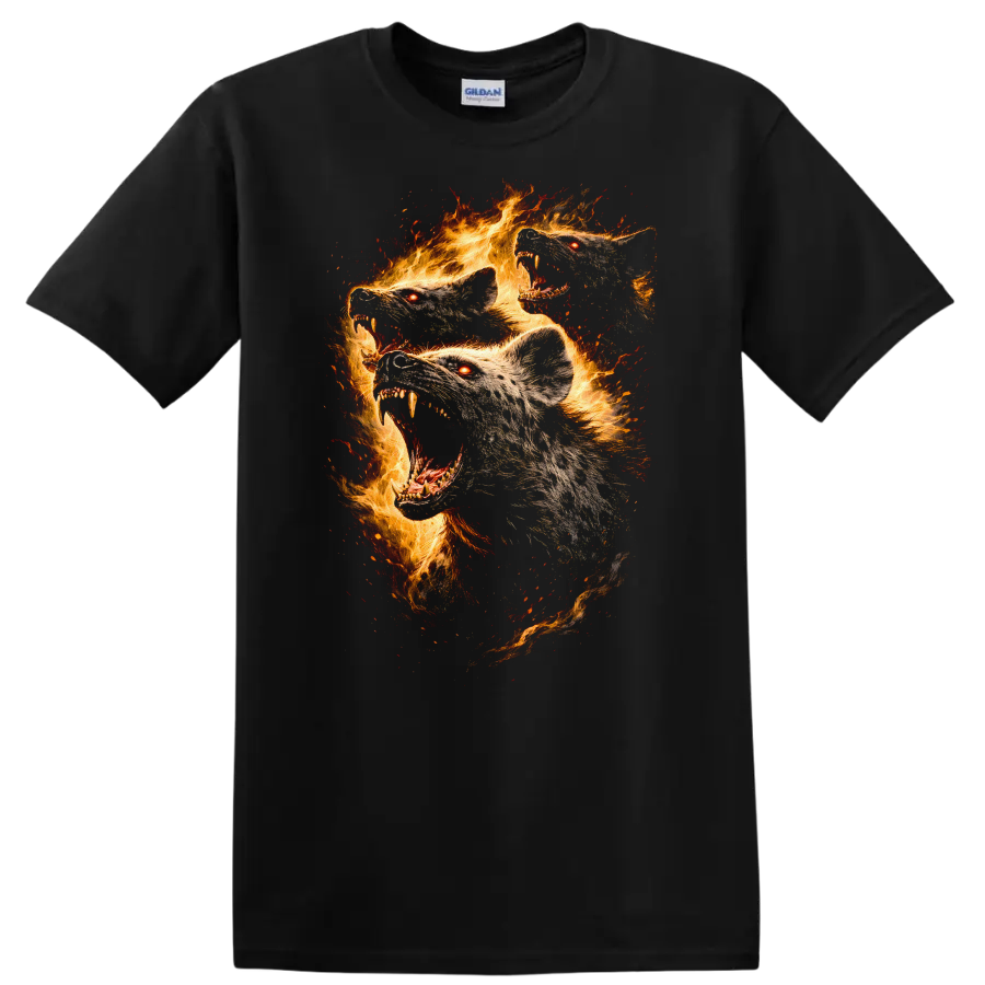Fiery Wolf Heads Flaming Animal Art T Shirt - Black