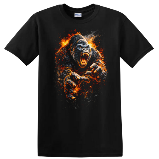 Fierce Roaring Gorilla Fire Burst Animals Graphic T Shirt - Black
