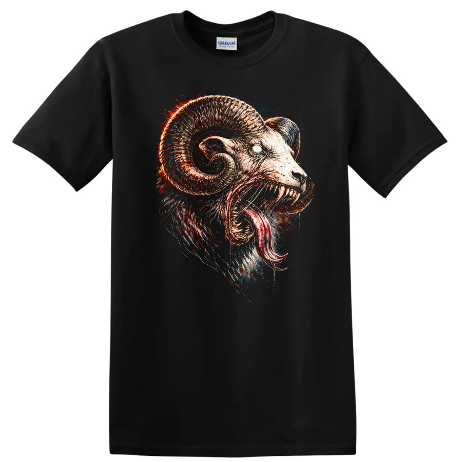 Raging Ram Skull Monster T Shirt Fierce Animal Horror Graphic - Black