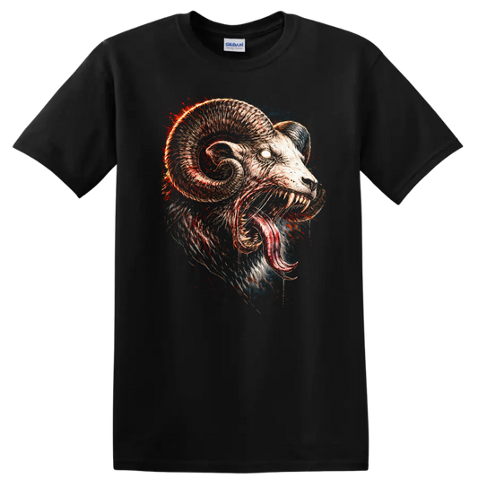 Raging Ram Skull Monster T Shirt Fierce Animal Horror Graphic - Black