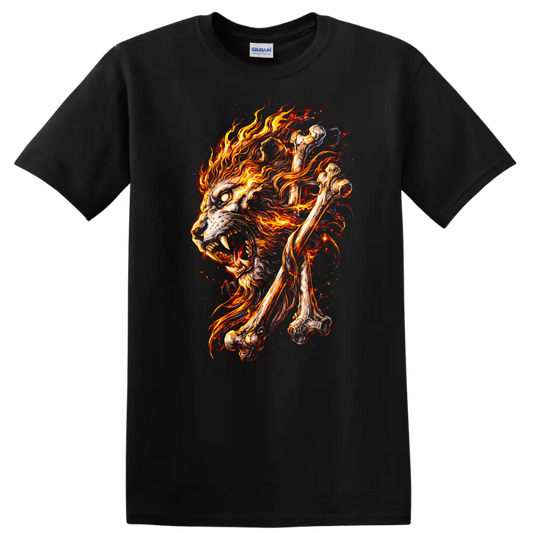 Flaming Wolf Skull Bones Animal Graphic T Shirt for Bold Nature Fans - Black