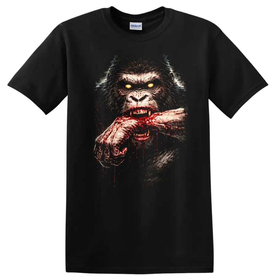 Fierce Bloodied Gorilla Face Horror Animal Graphic T Shirt - Black