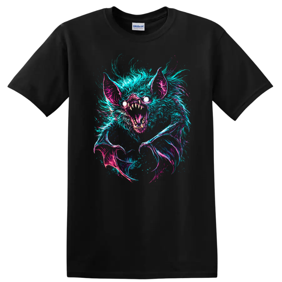 Neon Bat Creature Horror Graphic T Shirt for Dark Fantasy Animal Fans - Black