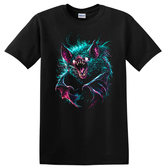 Neon Bat Creature Horror Graphic T Shirt for Dark Fantasy Animal Fans - Black