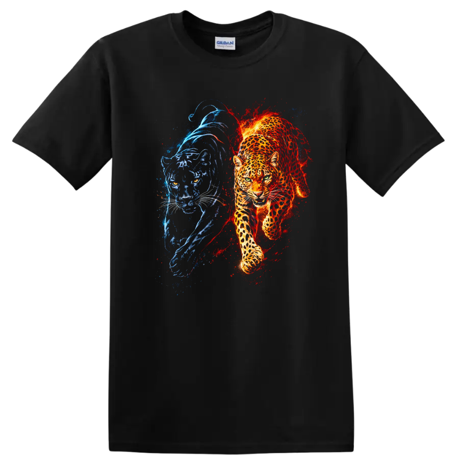 Fire and Ice Panther T Shirt Blue Red Big Cat Animal Graphic - Black