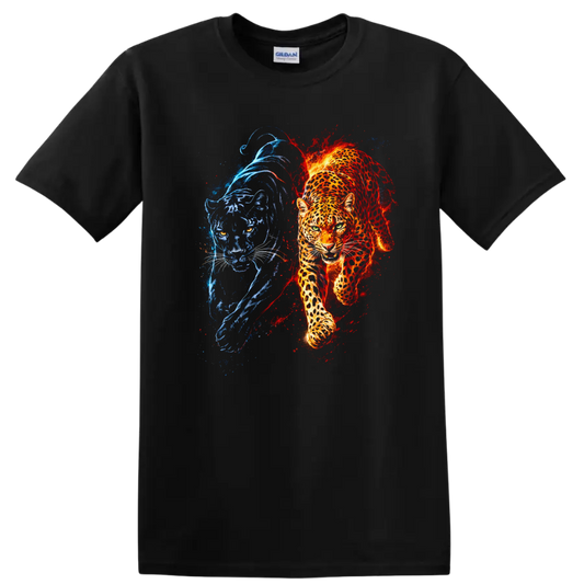 Fire and Ice Panther T Shirt Blue Red Big Cat Animal Graphic - Black