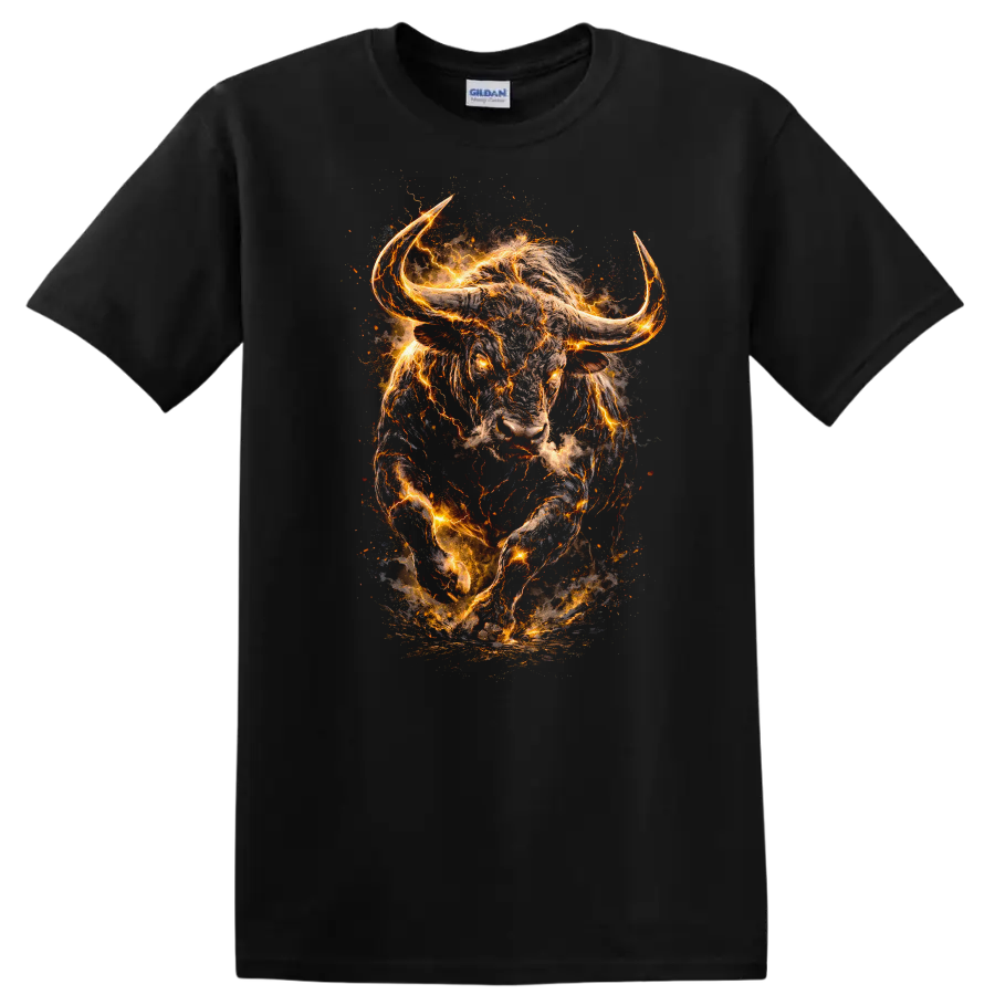 Fiery Charging Bull Head Animals T Shirt, Glowing Wild Energy Graphic - Black
