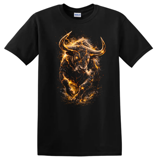 Fiery Charging Bull Head Animals T Shirt, Glowing Wild Energy Graphic - Black