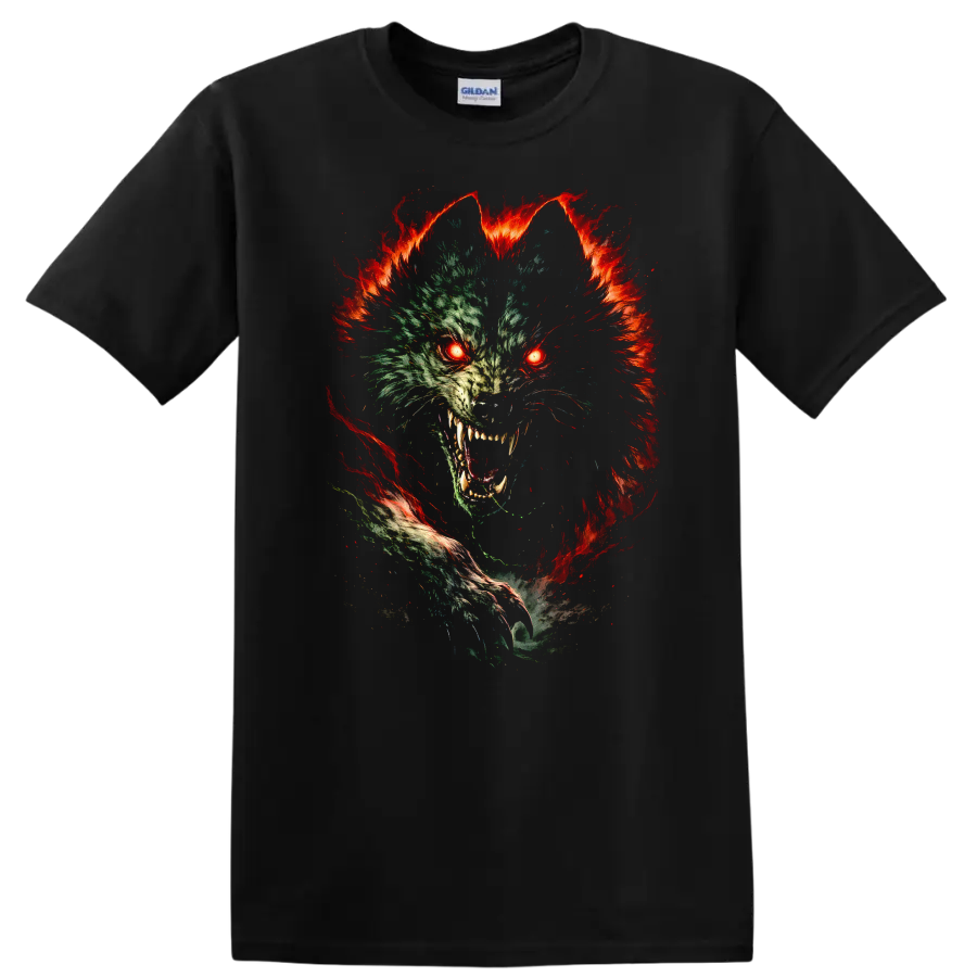 Glitch Wolf Fire Eyes Animal Graphic T Shirt for Bold Streetwear - Black