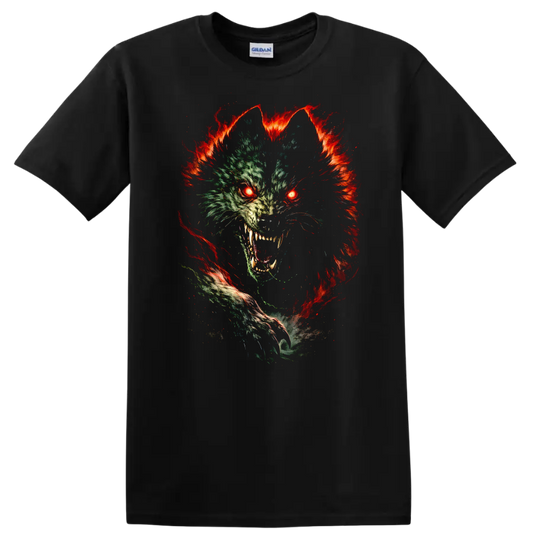 Glitch Wolf Fire Eyes Animal Graphic T Shirt for Bold Streetwear - Black