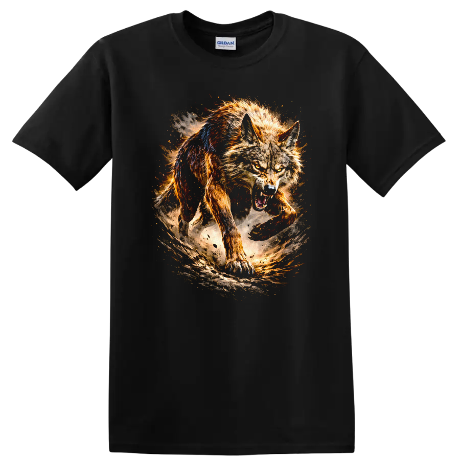 Fierce Wolf Running Through Fire Storm T Shirt Wild Animal Art - Black