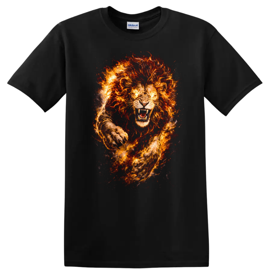 Fiery Lion Head T Shirt Roaring Wild Animal Graphic for Men Women - Black