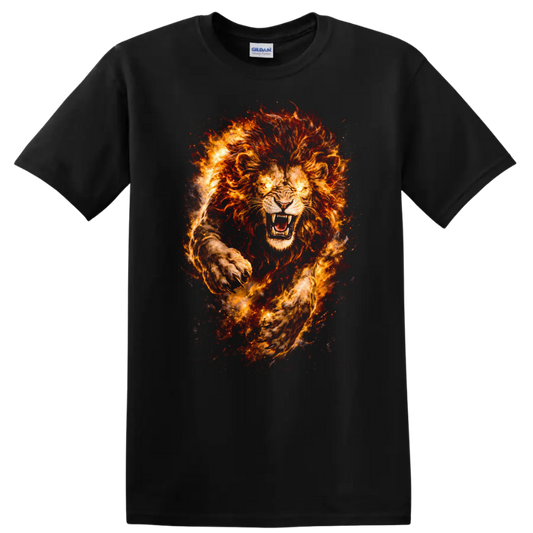 Fiery Lion Head T Shirt Roaring Wild Animal Graphic for Men Women - Black
