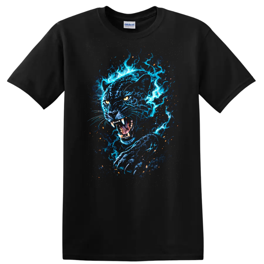 Electric Blue Panther Fireburst Graphic T Shirt for Animal Lovers - Black