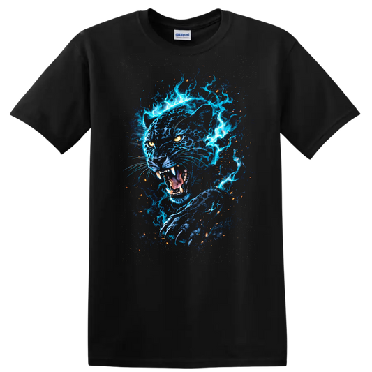 Electric Blue Panther Fireburst Graphic T Shirt for Animal Lovers - Black