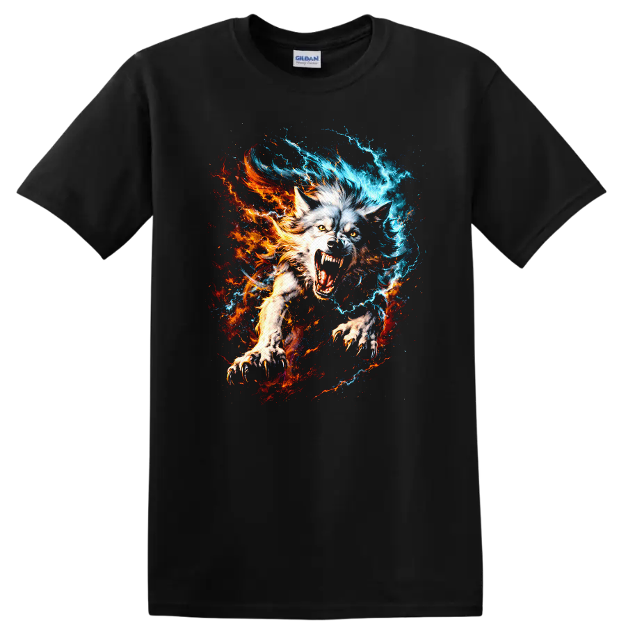 Fiery Ice Wolf Howling Animal Art T Shirt for Nature and Fantasy Fans - Black